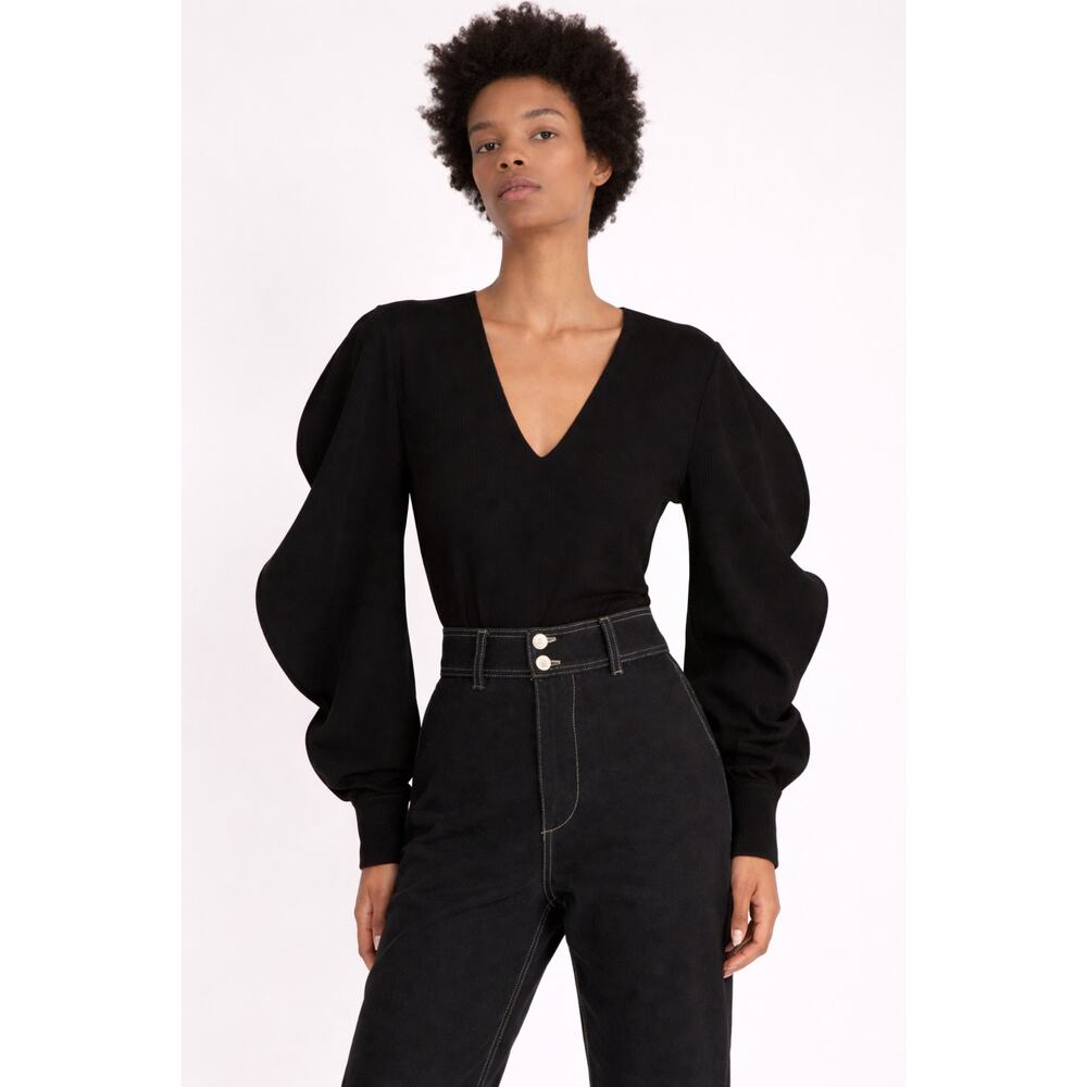 Shaina Mote Concha Spiral Flutter Sleeve Wool Top in Onyx Black, Size XS